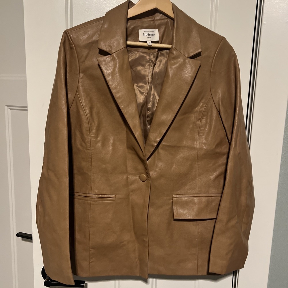 Bohme Long Button Front‎ Faux Leather Coat Womens Small Tan Cognac